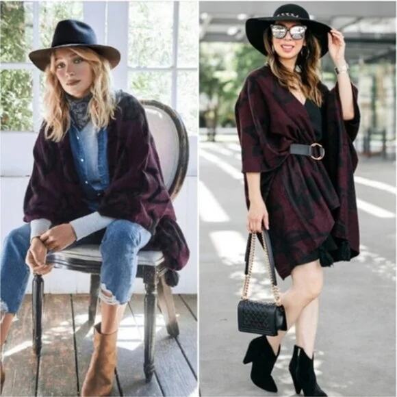 Anthropologie Cleobella Sevigny Capelet Poncho Cardigan Red Wine Black One Size - Picture 7 of 11